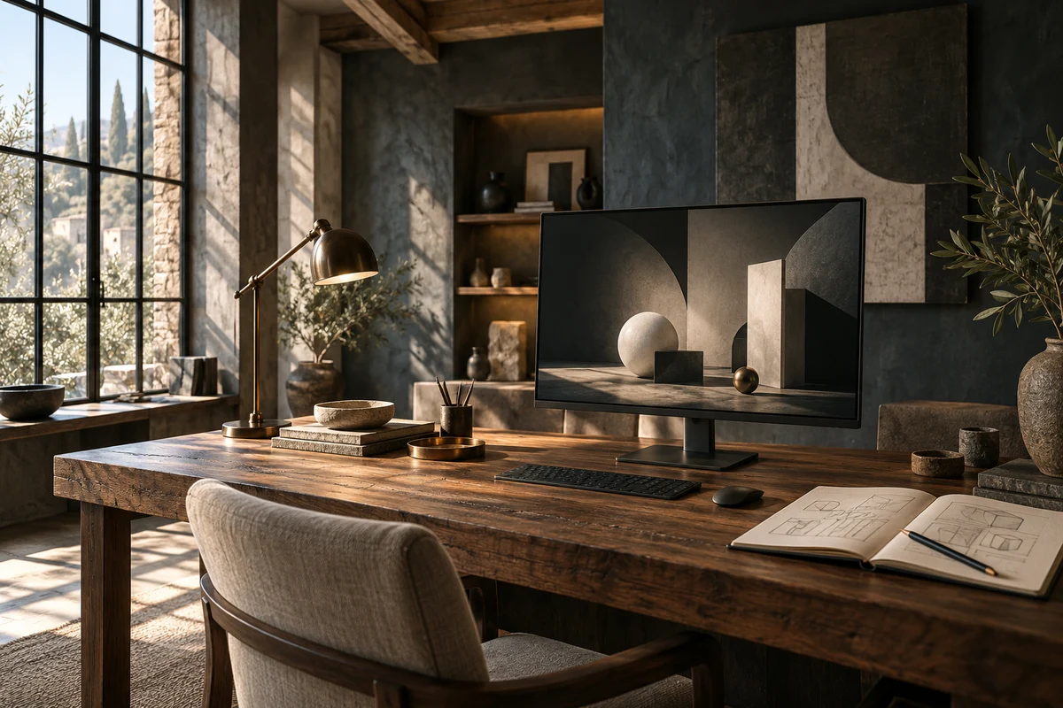 Illustrative creative workspace with a walnut desk, sketches and soft window light.